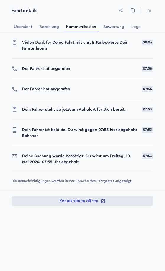 Kommunikationen zur Fahrt