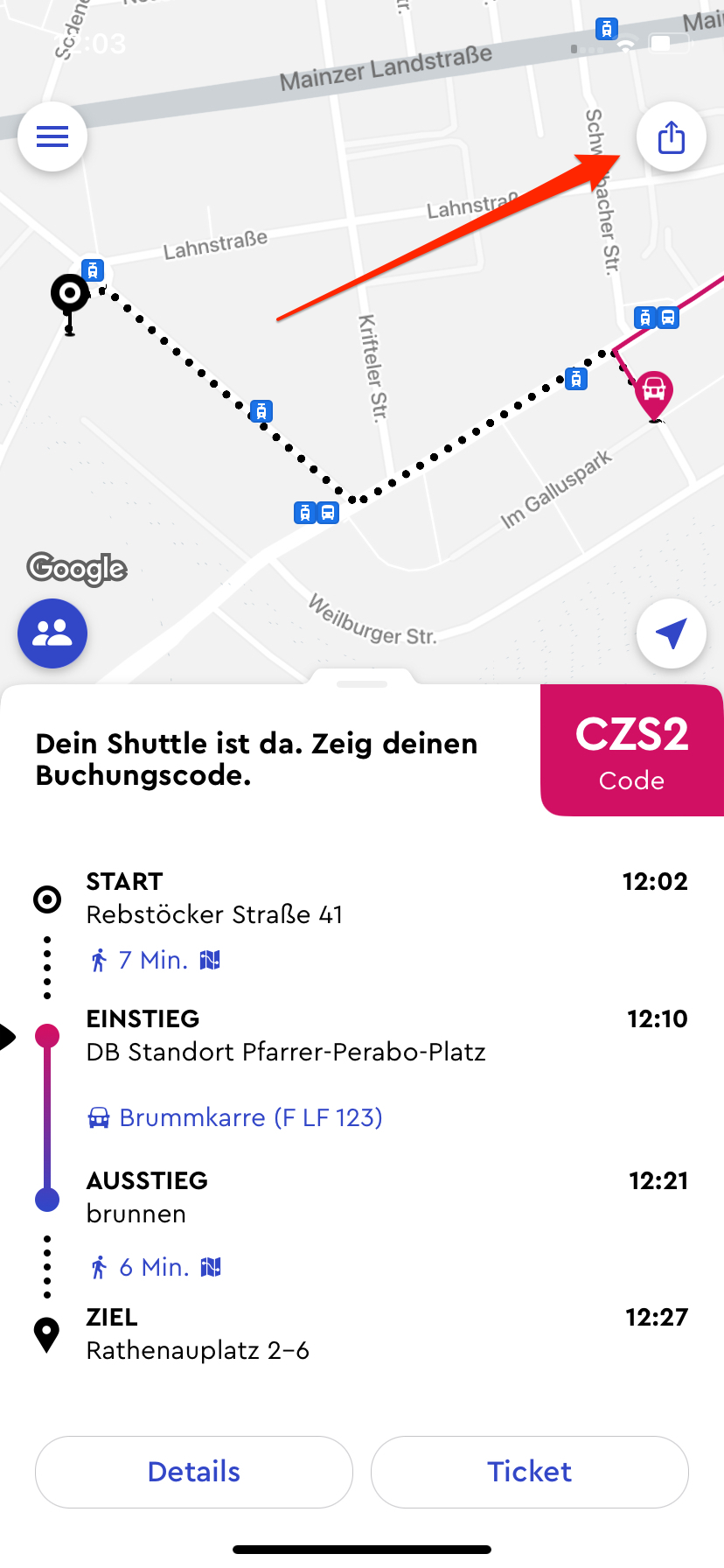 "teilen" symbol an einer aktiven Fahrt in der Passagier-App