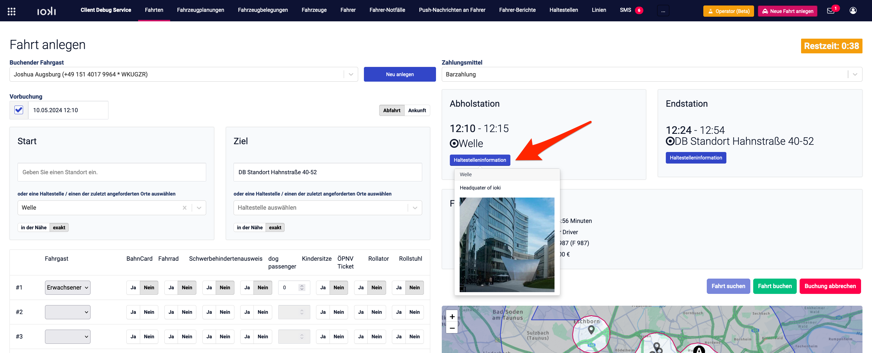 Telefonbuchungsmaske, bei der Dargestellt wird, wo man Informationen zur Haltestelle findet.