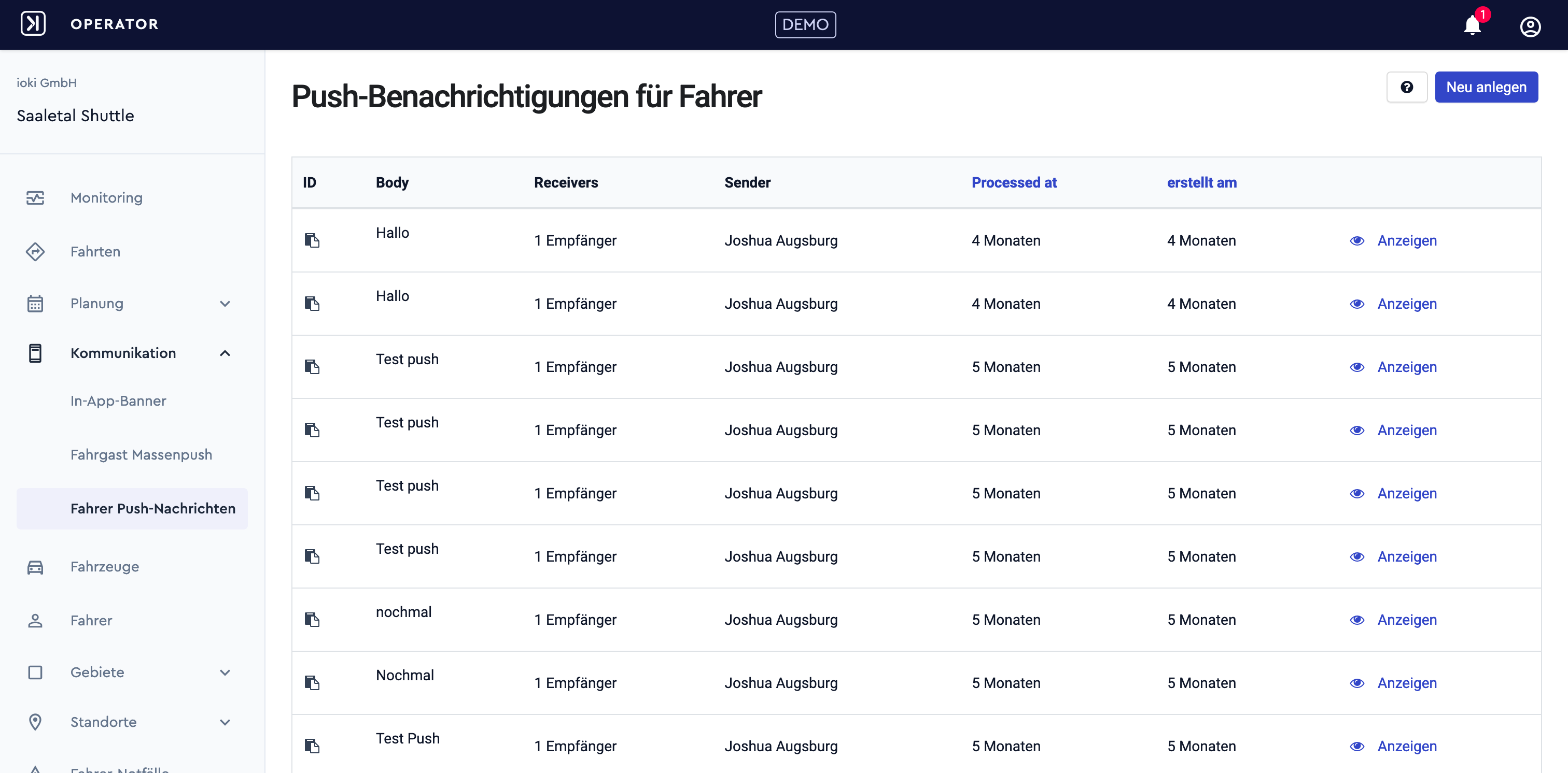 Fahrer Push Notifications im Operator