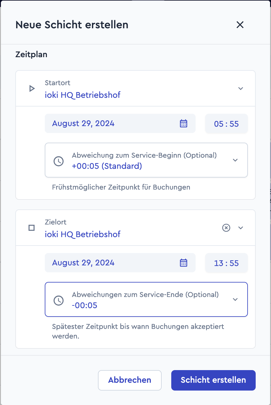 Service Zeiten in Schichtplanung