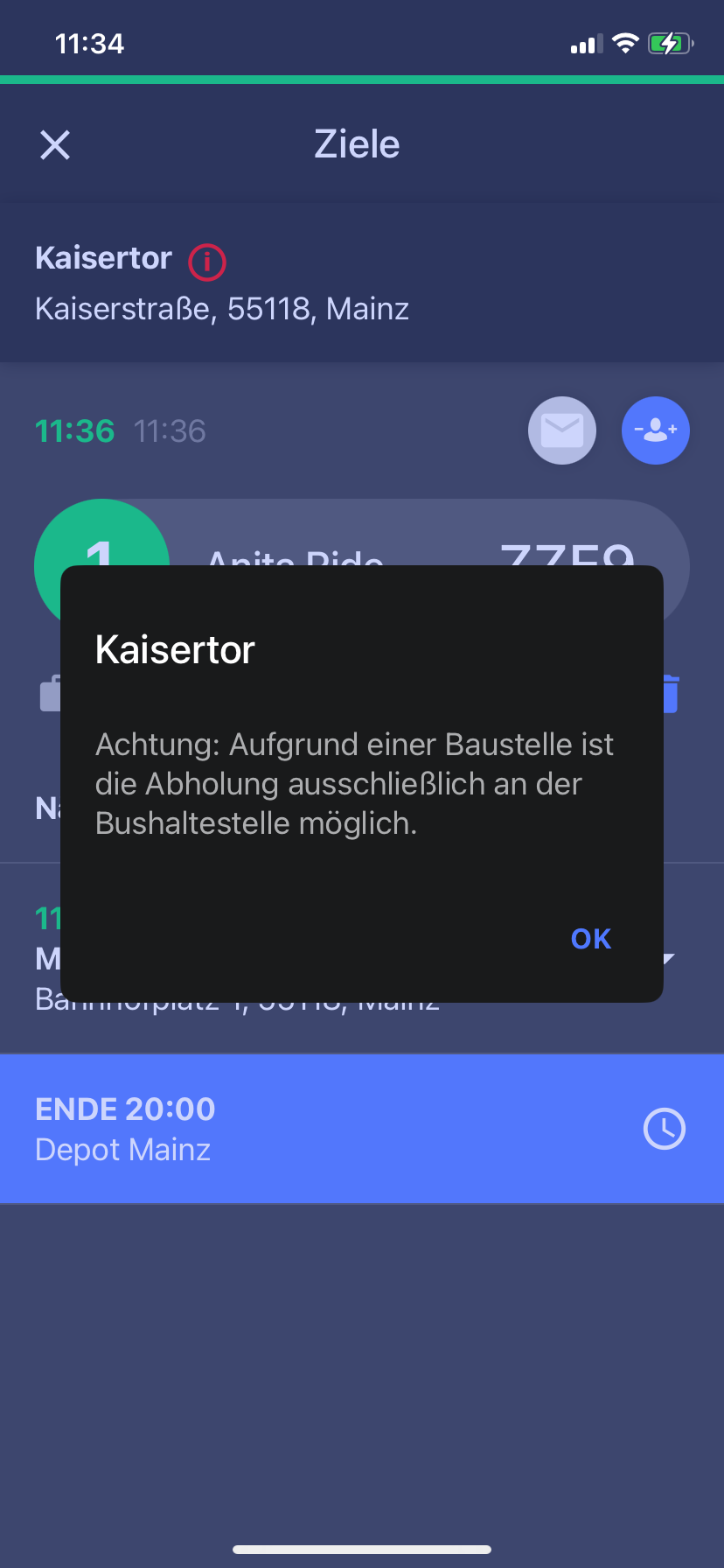 In-App Banner Haltestelleninformation