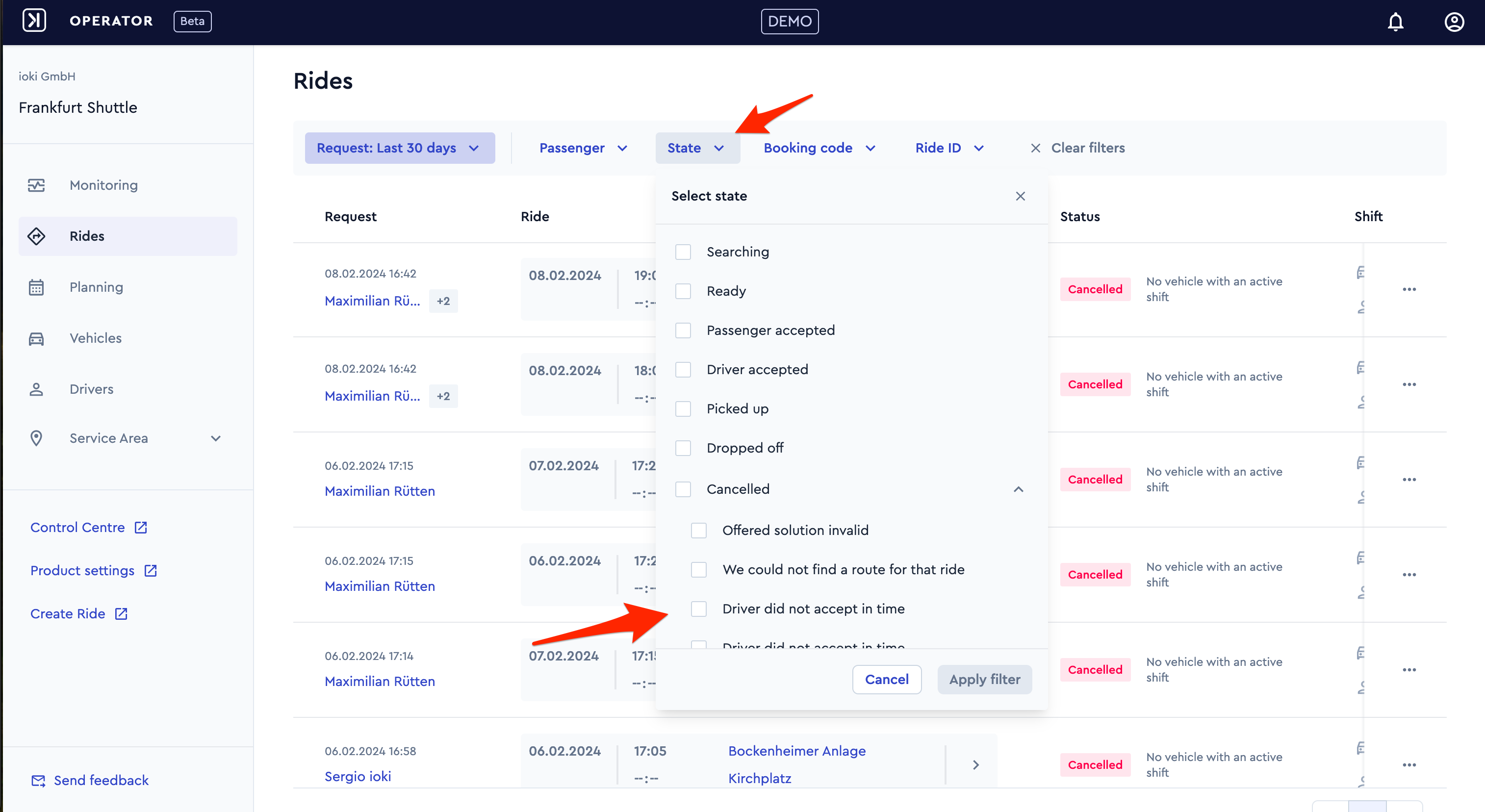 Cancellation reason filter 