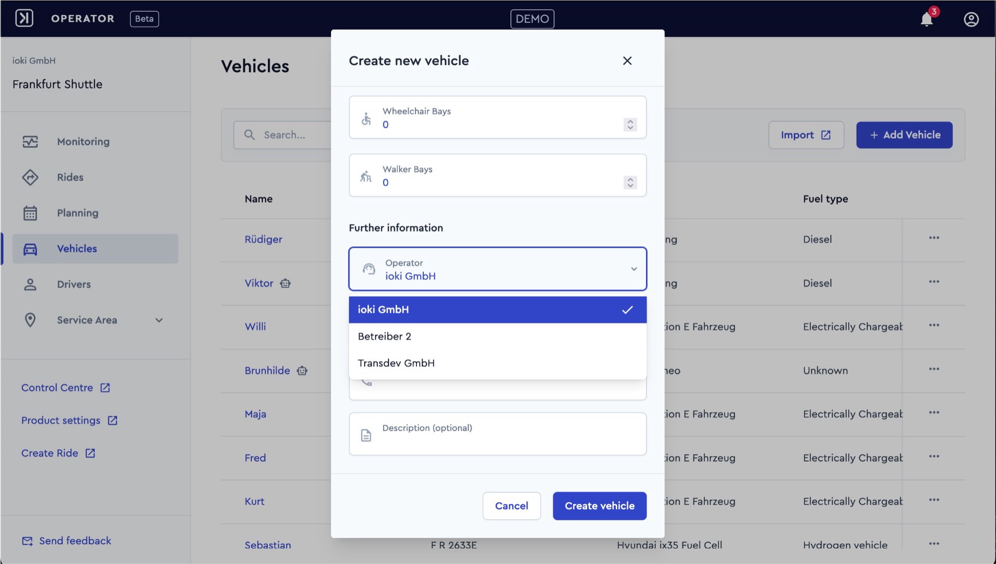 Select vehicle Operator on creation