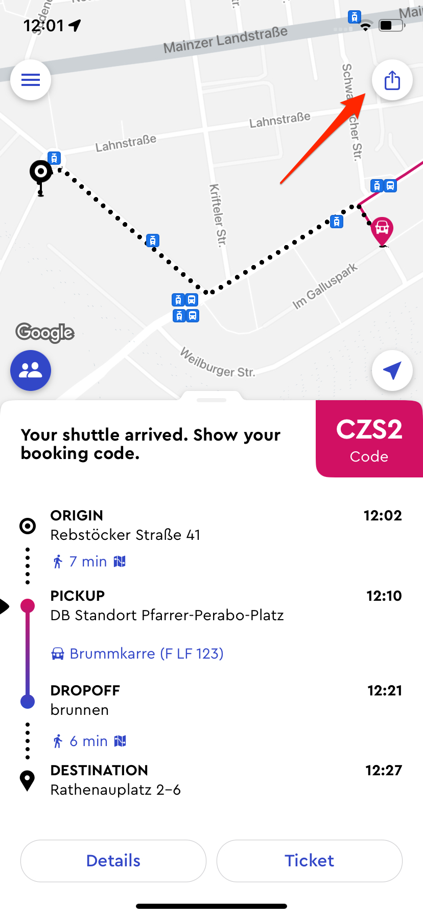 Share ride icon on active ride in passenger app